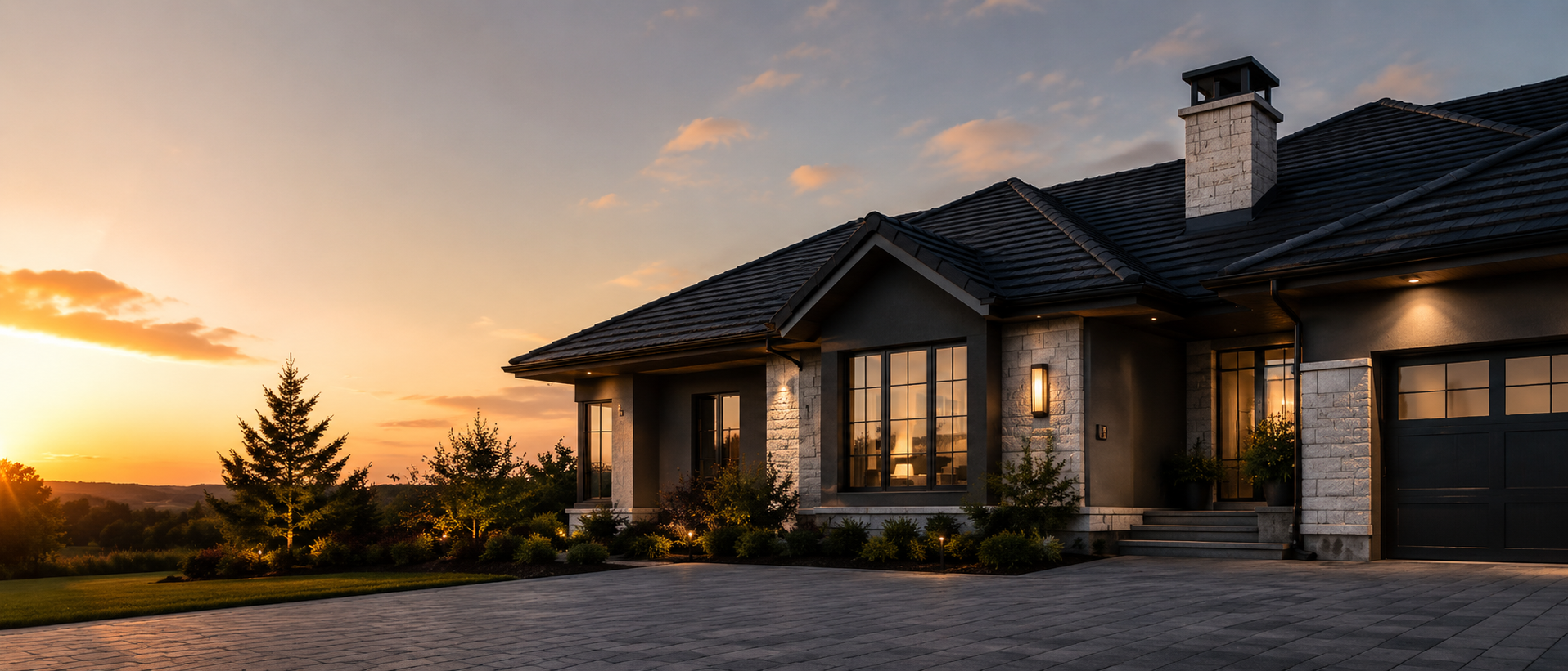 Premium residential home at dusk with newly restored roof and warm interior lights